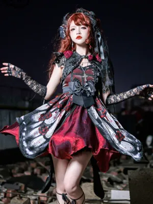 Gothic Lolita Dresses Lace Bows Butterfly Pattern Rose Pattern White Red