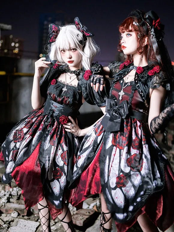 Gothic Lolita Dresses Lace Bows Butterfly Pattern Rose Pattern White Red