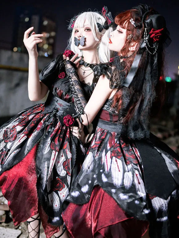 Gothic Lolita Dresses Lace Bows Butterfly Pattern Rose Pattern White Red