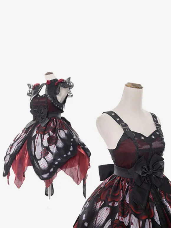 Gothic Lolita Dresses Lace Bows Butterfly Pattern Rose Pattern White Red