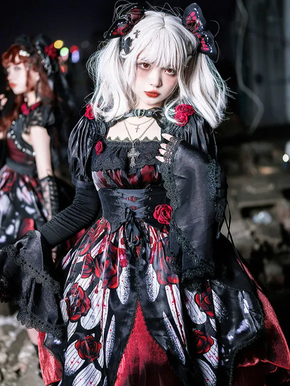 Gothic Lolita Dresses Lace Grommets Butterfly Pattern Rose Pattern White White
