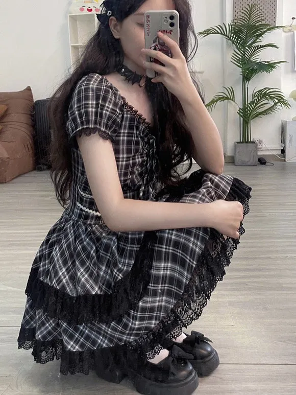 Gothic Lolita Dresses Ruffles Plaid Black Black