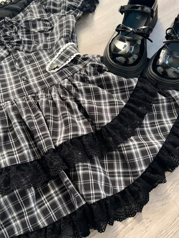 Gothic Lolita Dresses Ruffles Plaid Black Black