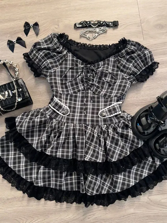 Gothic Lolita Dresses Ruffles Plaid Black Black