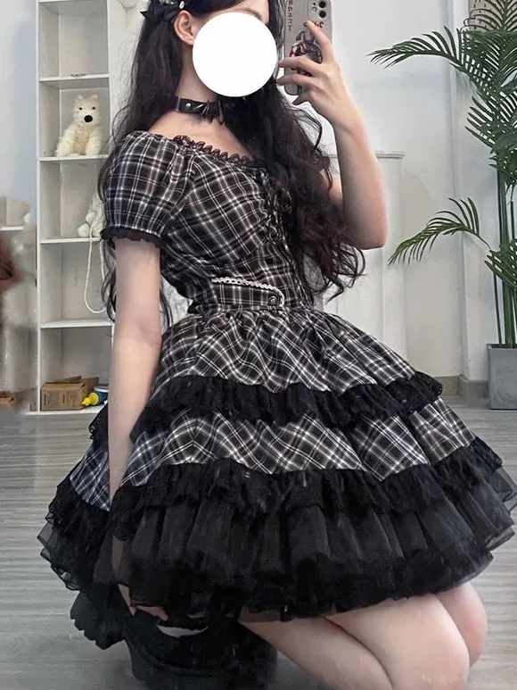 Gothic Lolita Dresses Ruffles Plaid Black Black