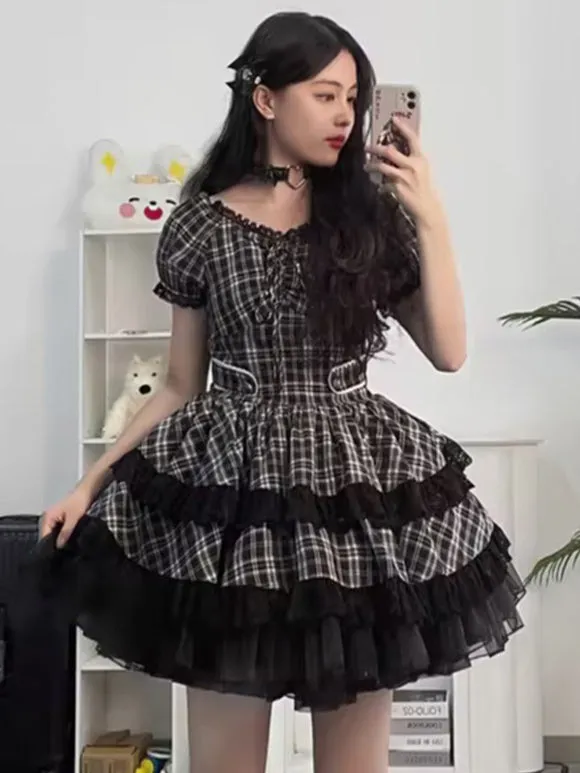 Gothic Lolita Dresses Ruffles Plaid Black Black
