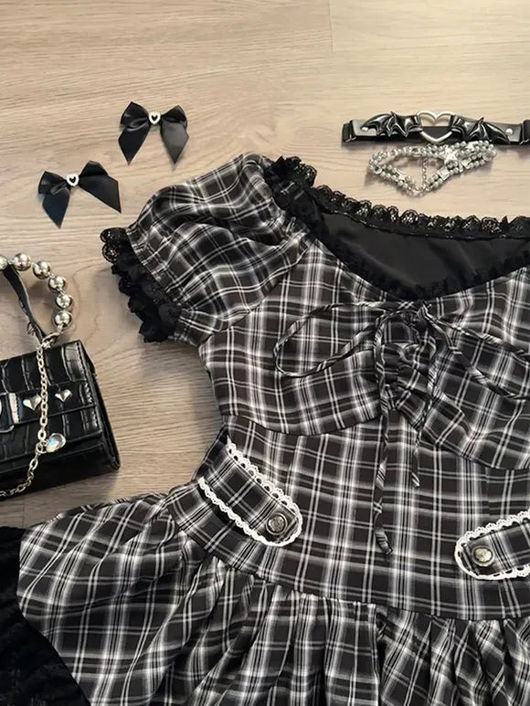 Gothic Lolita Dresses Ruffles Plaid Black Black