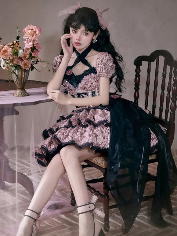 Gothic Lolita Dresses Ruffles Bows Floral Print Pink Pink