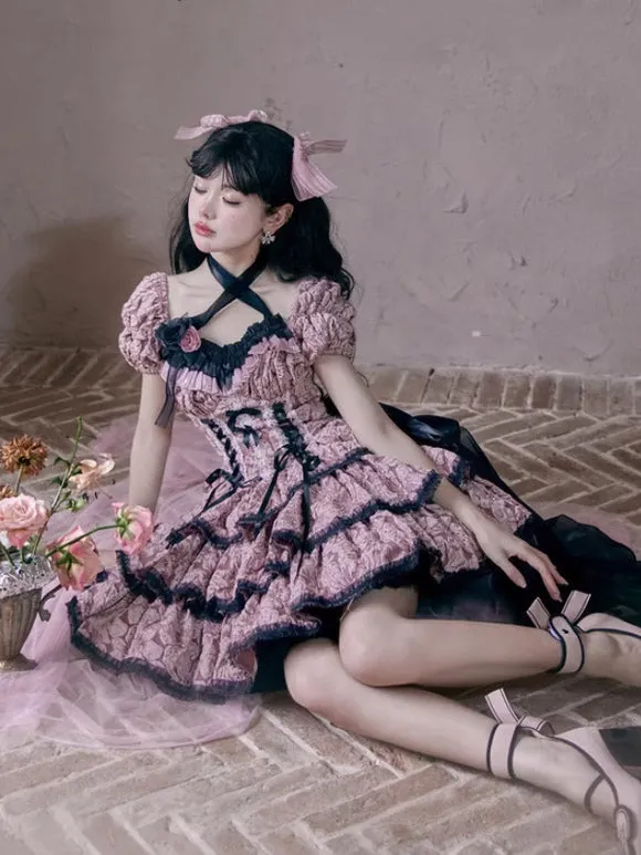 Gothic Lolita Dresses Ruffles Bows Floral Print Pink Pink