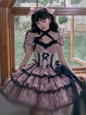 Gothic Lolita Dresses Ruffles Bows Floral Print Pink Pink
