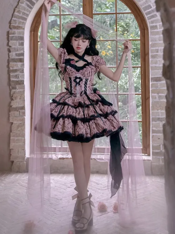 Gothic Lolita Dresses Ruffles Bows Floral Print Pink Pink