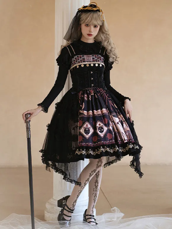 Gothic Lolita Dresses Ruffles Lace Floral Print Black Black