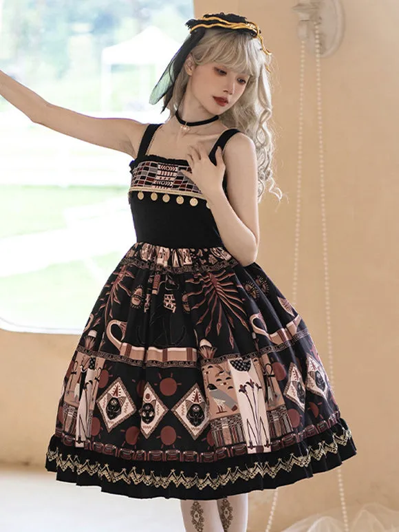 Gothic Lolita Dresses Ruffles Lace Floral Print Black Black