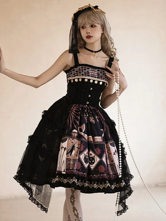 Gothic Lolita Dresses Ruffles Lace Floral Print Black Black