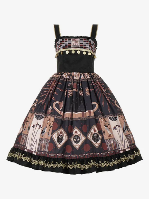 Gothic Lolita Dresses Ruffles Lace Floral Print Black Black