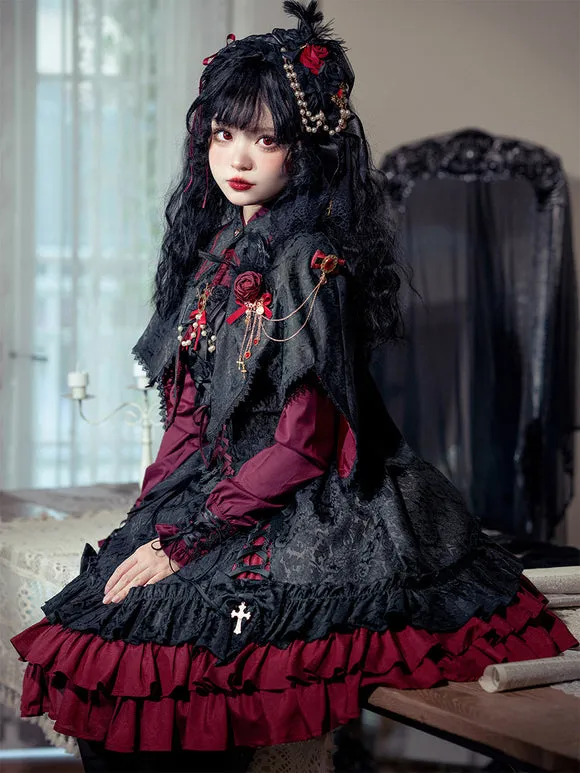 Gothic Lolita Dresses Ruffles Lace Jacquard Color Block Red Red
