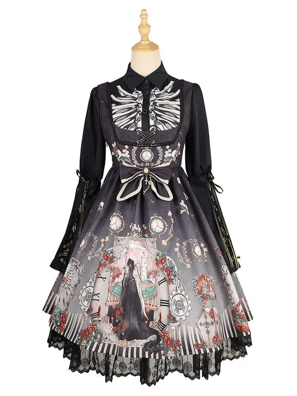 Gothic Lolita JSK Dress Bows Sleeveless Skeleton Pattern Black Lolita Jumper Skirt