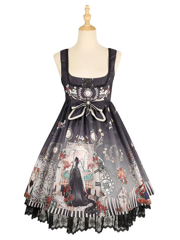 Gothic Lolita JSK Dress Bows Sleeveless Skeleton Pattern Black Lolita Jumper Skirt