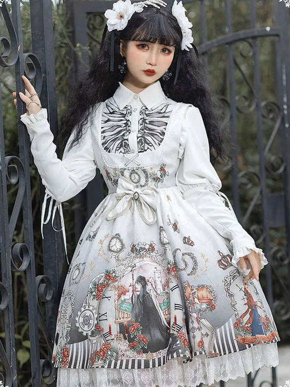 Gothic Lolita JSK Dress Bows Sleeveless Skeleton Pattern Black Lolita Jumper Skirt