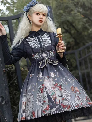 Gothic Lolita JSK Dress Bows Sleeveless Skeleton Pattern Black Lolita Jumper Skirt