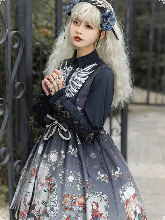 Gothic Lolita JSK Dress Bows Sleeveless Skeleton Pattern Black Lolita Jumper Skirt