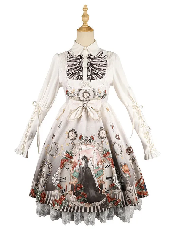 Gothic Lolita JSK Dress Bows Sleeveless Skeleton Pattern Black Lolita Jumper Skirt
