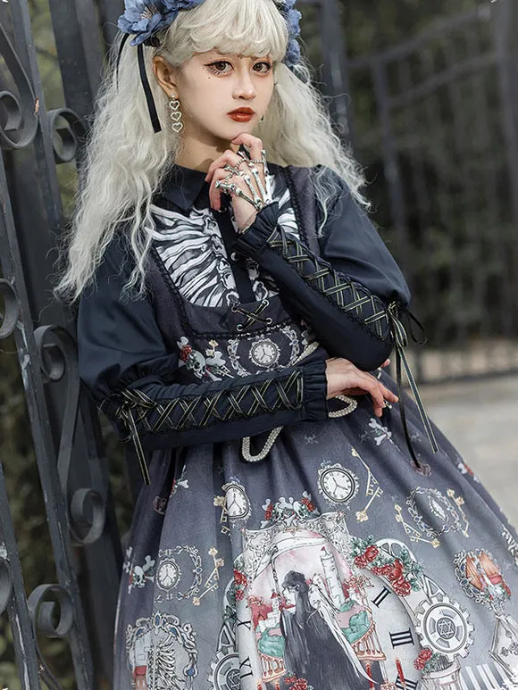Gothic Lolita JSK Dress Bows Sleeveless Skeleton Pattern Black Lolita Jumper Skirt