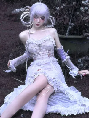 Gothic Lolita JSK Dress Sleeveless Ruffles Lace Cross Pattern White Lolita Jumper Skirt