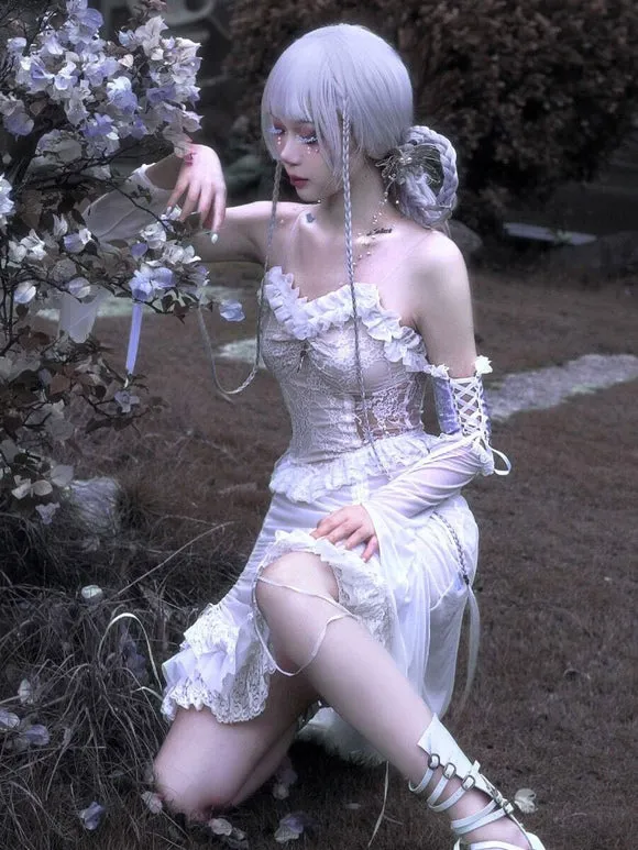 Gothic Lolita JSK Dress Sleeveless Ruffles Lace Cross Pattern White Lolita Jumper Skirt