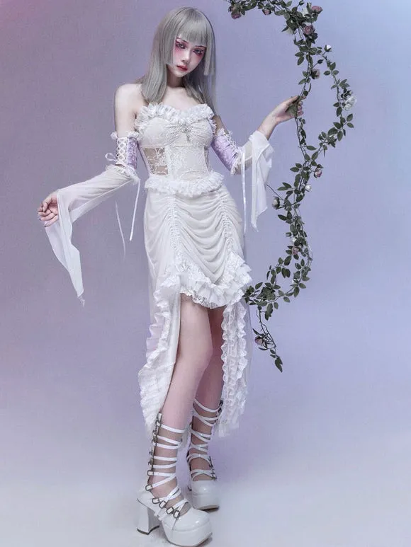 Gothic Lolita JSK Dress Sleeveless Ruffles Lace Cross Pattern White Lolita Jumper Skirt
