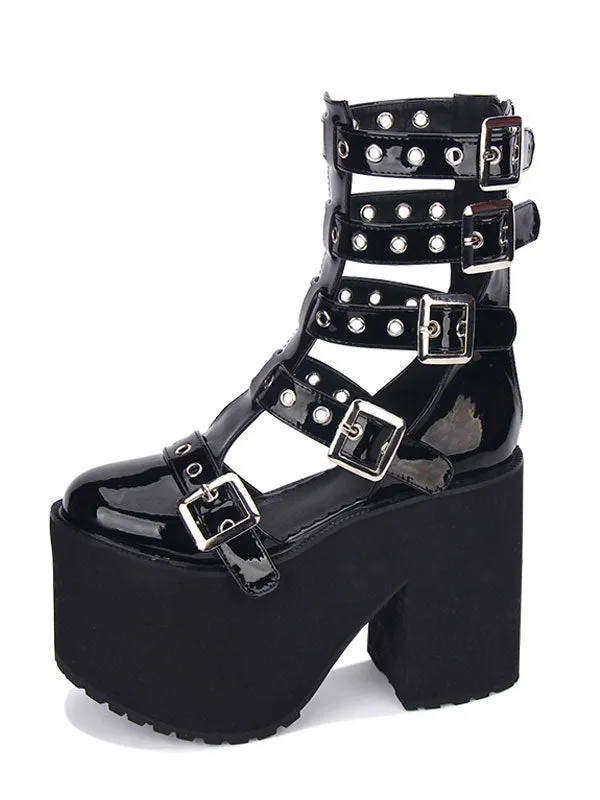 Gothic Lolita Sandal Grommet Buckle Platform Glazed PU Black Lolita Shoes
