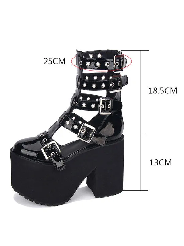 Gothic Lolita Sandal Grommet Buckle Platform Glazed PU Black Lolita Shoes