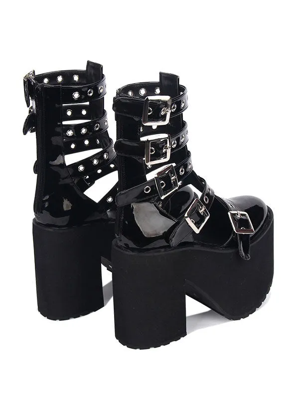 Gothic Lolita Sandal Grommet Buckle Platform Glazed PU Black Lolita Shoes