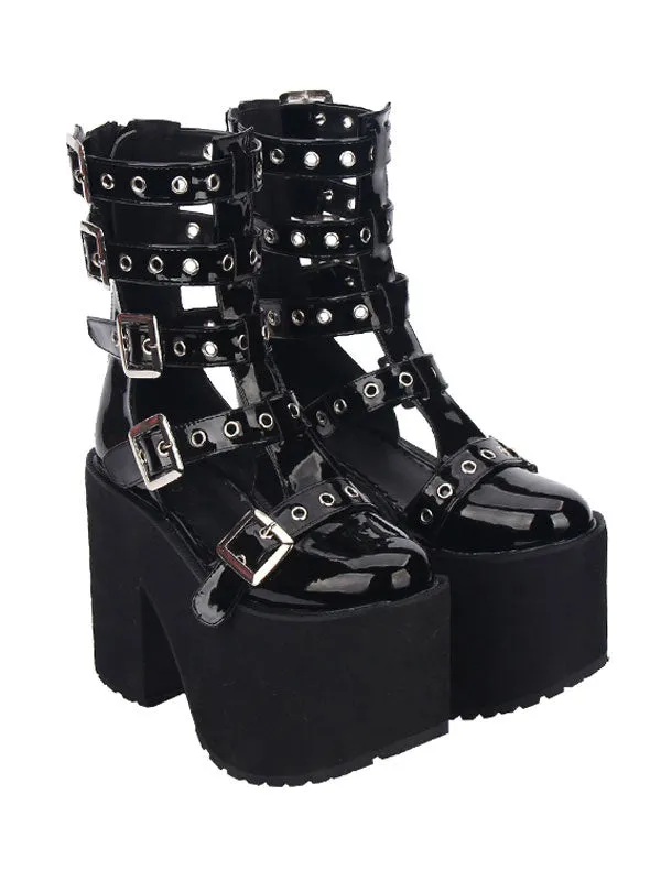 Gothic Lolita Sandal Grommet Buckle Platform Glazed PU Black Lolita Shoes