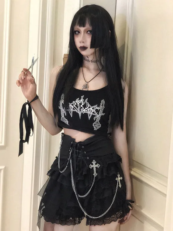 Gothic SK Skirt Black Polyester Cross Lace Lace Up Ruffles Lolita Mini Skirt