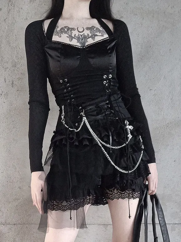 Gothic SK Skirt Black Polyester Cross Lace Lace Up Ruffles Lolita Mini Skirt