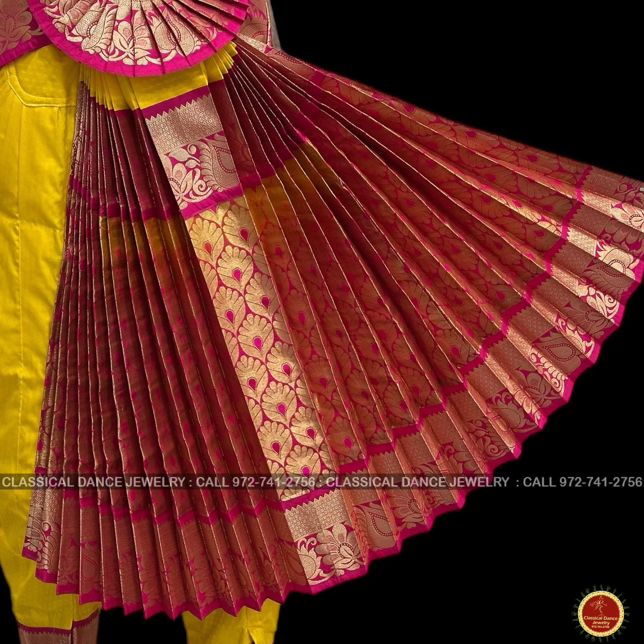 HALDI YELLOW PINK 38 Inch Pant Length Bharatanatyam Dance Costume | Art Silk, Dharmavaram Kanchi | Classical Dance Jewelry