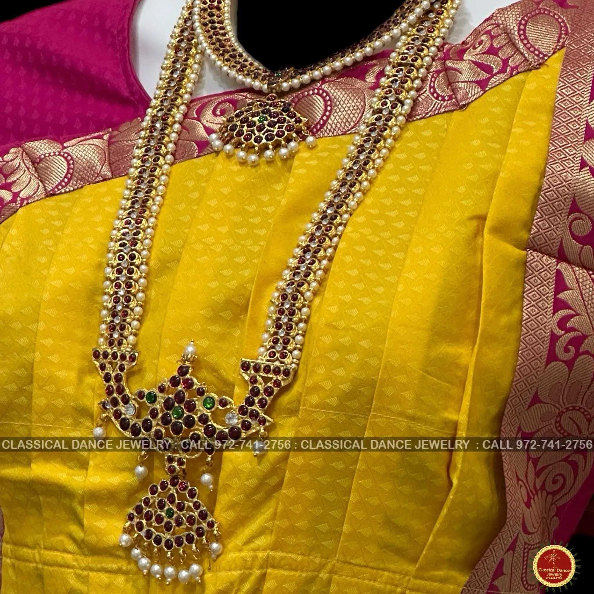 HALDI YELLOW PINK 38 Inch Pant Length Bharatanatyam Dance Costume | Art Silk, Dharmavaram Kanchi | Classical Dance Jewelry