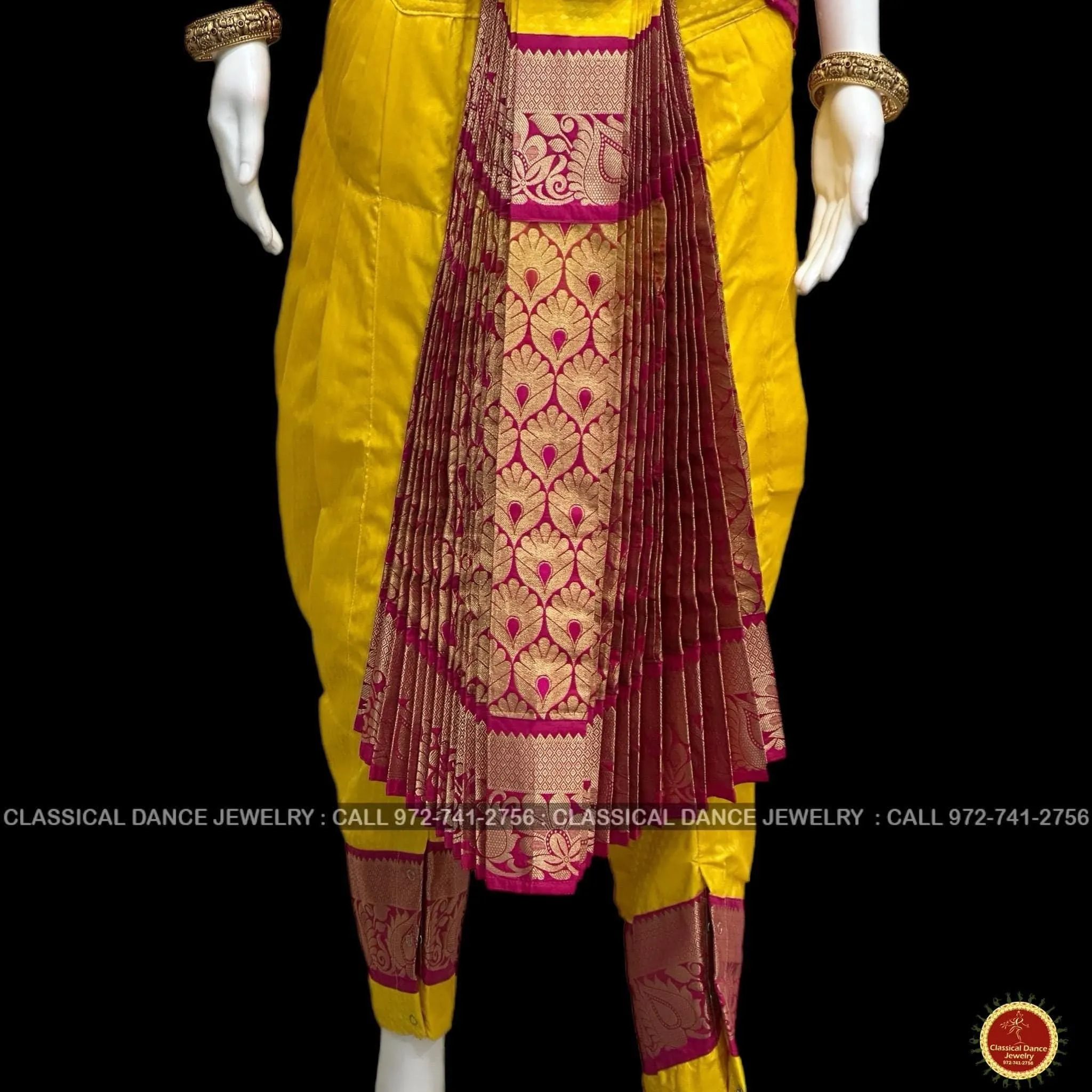 HALDI YELLOW PINK 38 Inch Pant Length Bharatanatyam Dance Costume | Art Silk, Dharmavaram Kanchi | Classical Dance Jewelry