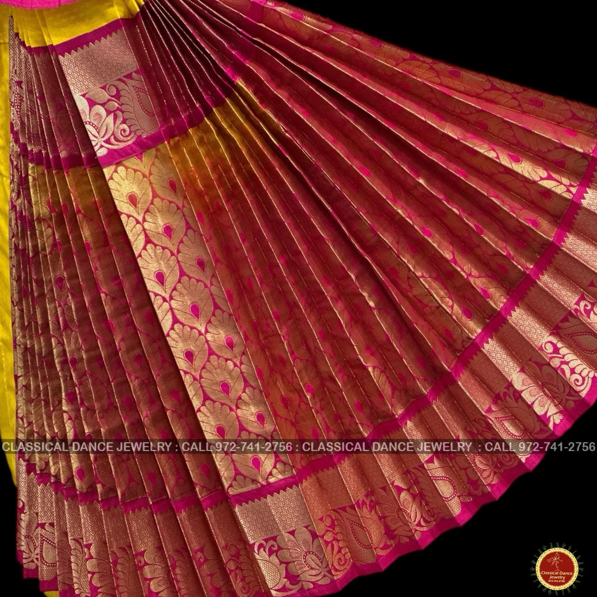 HALDI YELLOW PINK 38 Inch Pant Length Bharatanatyam Dance Costume | Art Silk, Dharmavaram Kanchi | Classical Dance Jewelry