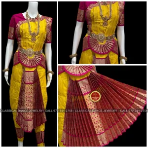 HALDI YELLOW PINK 38 Inch Pant Length Bharatanatyam Dance Costume | Art Silk, Dharmavaram Kanchi | Classical Dance Jewelry