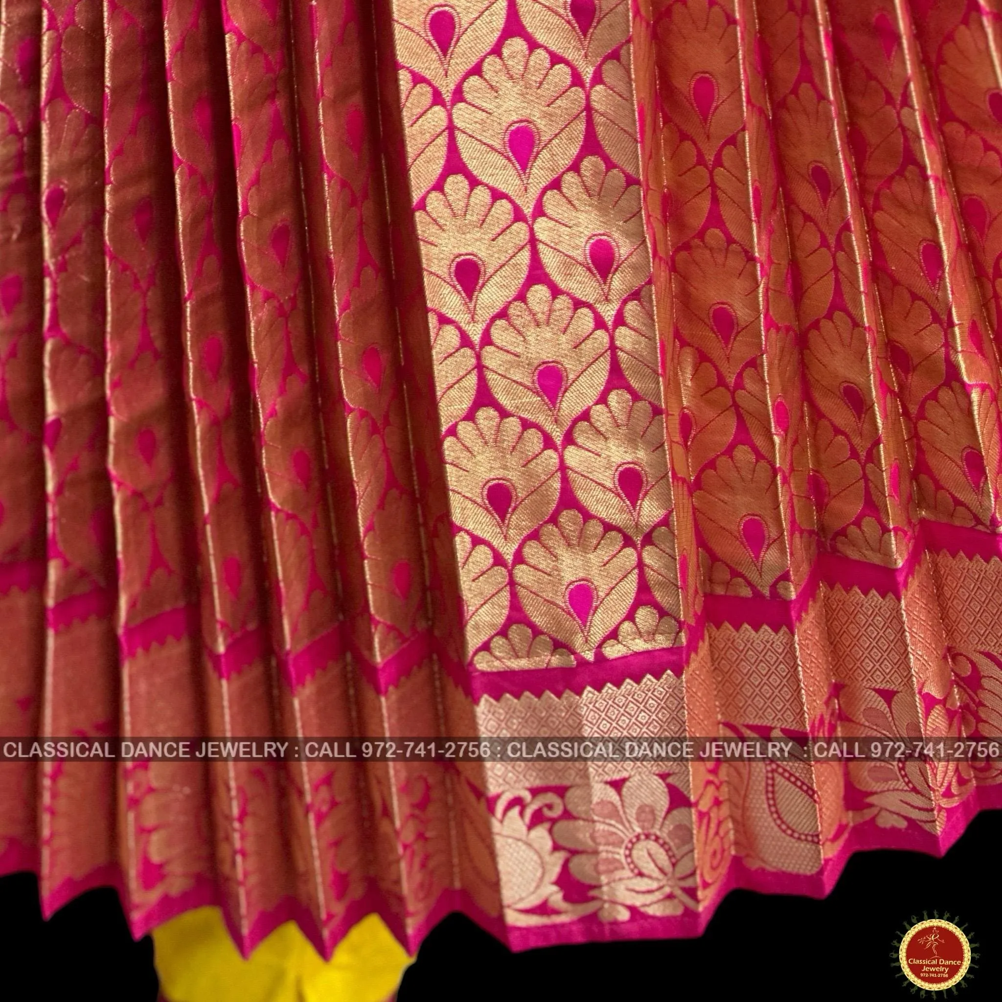 HALDI YELLOW PINK 38 Inch Pant Length Bharatanatyam Dance Costume | Art Silk, Dharmavaram Kanchi | Classical Dance Jewelry