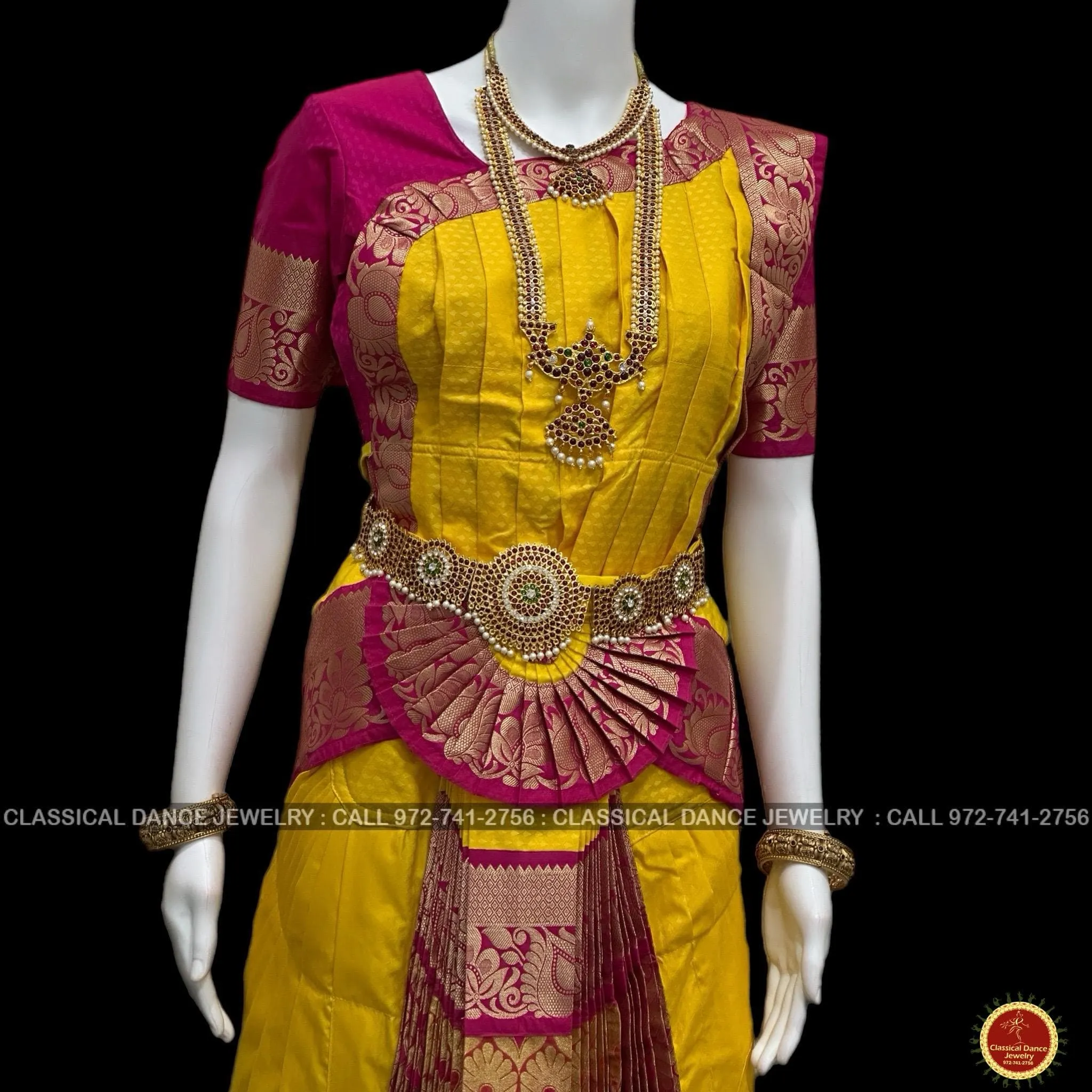 HALDI YELLOW PINK 38 Inch Pant Length Bharatanatyam Dance Costume | Art Silk, Dharmavaram Kanchi | Classical Dance Jewelry