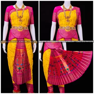 HALDI YELLOW PINK 38 Inch Pant Length Bharatanatyam Dance Costume | Paithani Art silk Dharmavaram Kanchi | Classical Dance Jewelry
