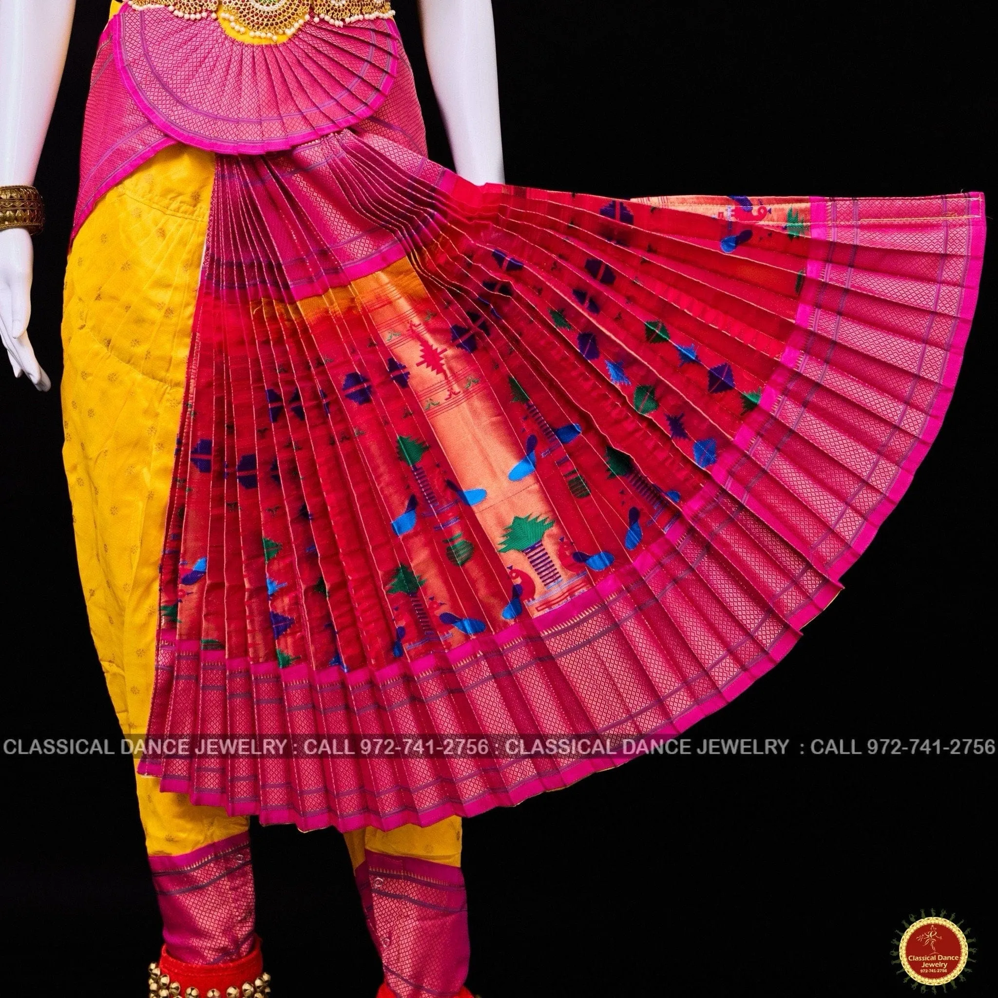 HALDI YELLOW PINK 38 Inch Pant Length Bharatanatyam Dance Costume | Paithani Art silk Dharmavaram Kanchi | Classical Dance Jewelry