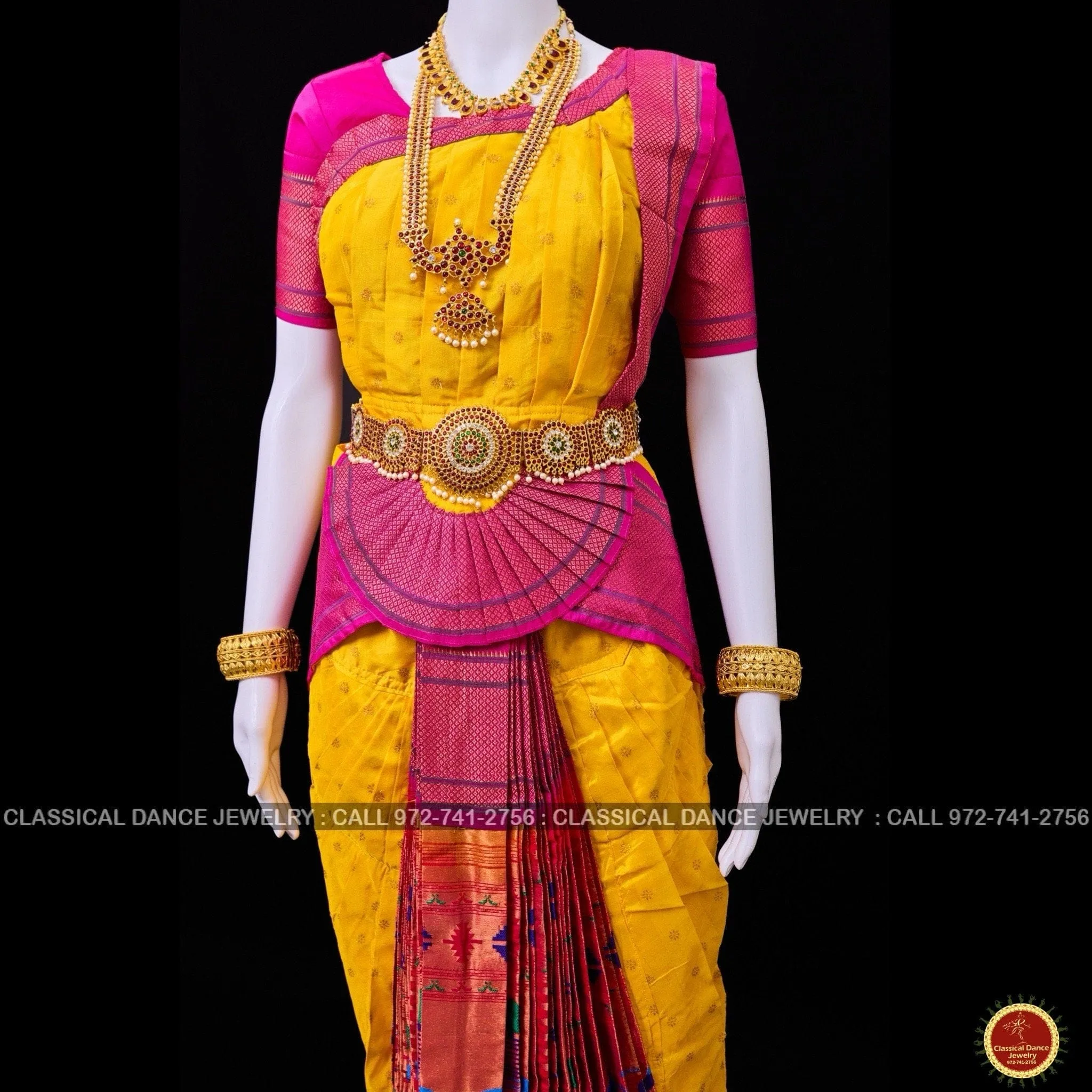 HALDI YELLOW PINK 38 Inch Pant Length Bharatanatyam Dance Costume | Paithani Art silk Dharmavaram Kanchi | Classical Dance Jewelry