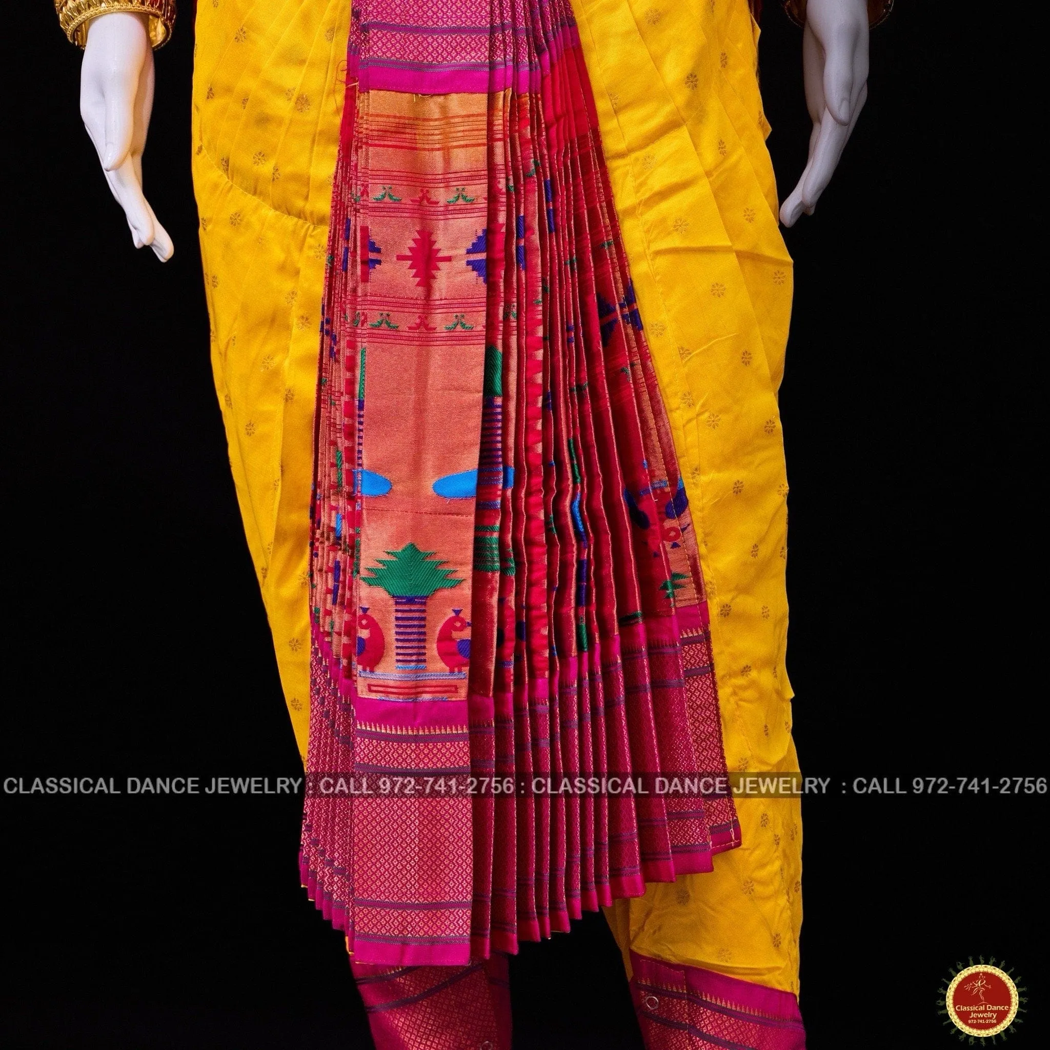 HALDI YELLOW PINK 38 Inch Pant Length Bharatanatyam Dance Costume | Paithani Art silk Dharmavaram Kanchi | Classical Dance Jewelry