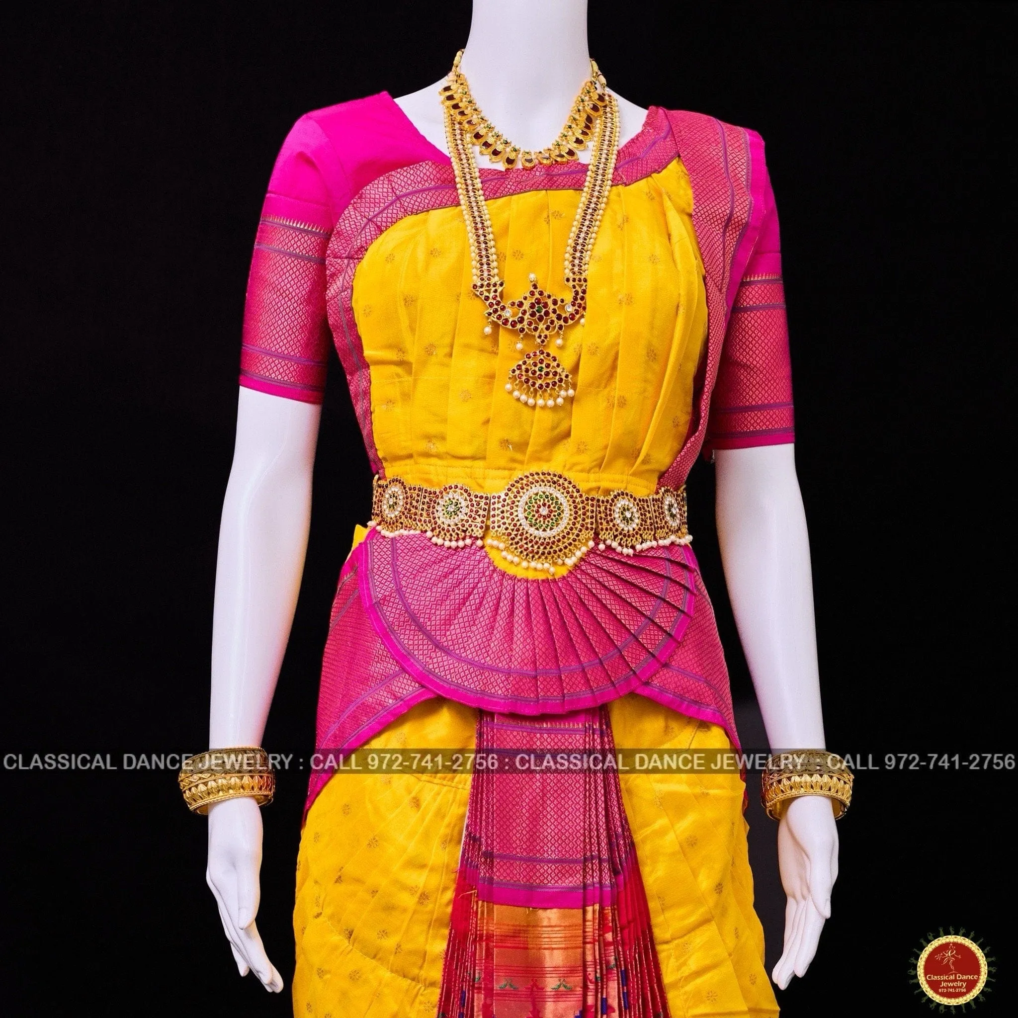 HALDI YELLOW PINK 38 Inch Pant Length Bharatanatyam Dance Costume | Paithani Art silk Dharmavaram Kanchi | Classical Dance Jewelry