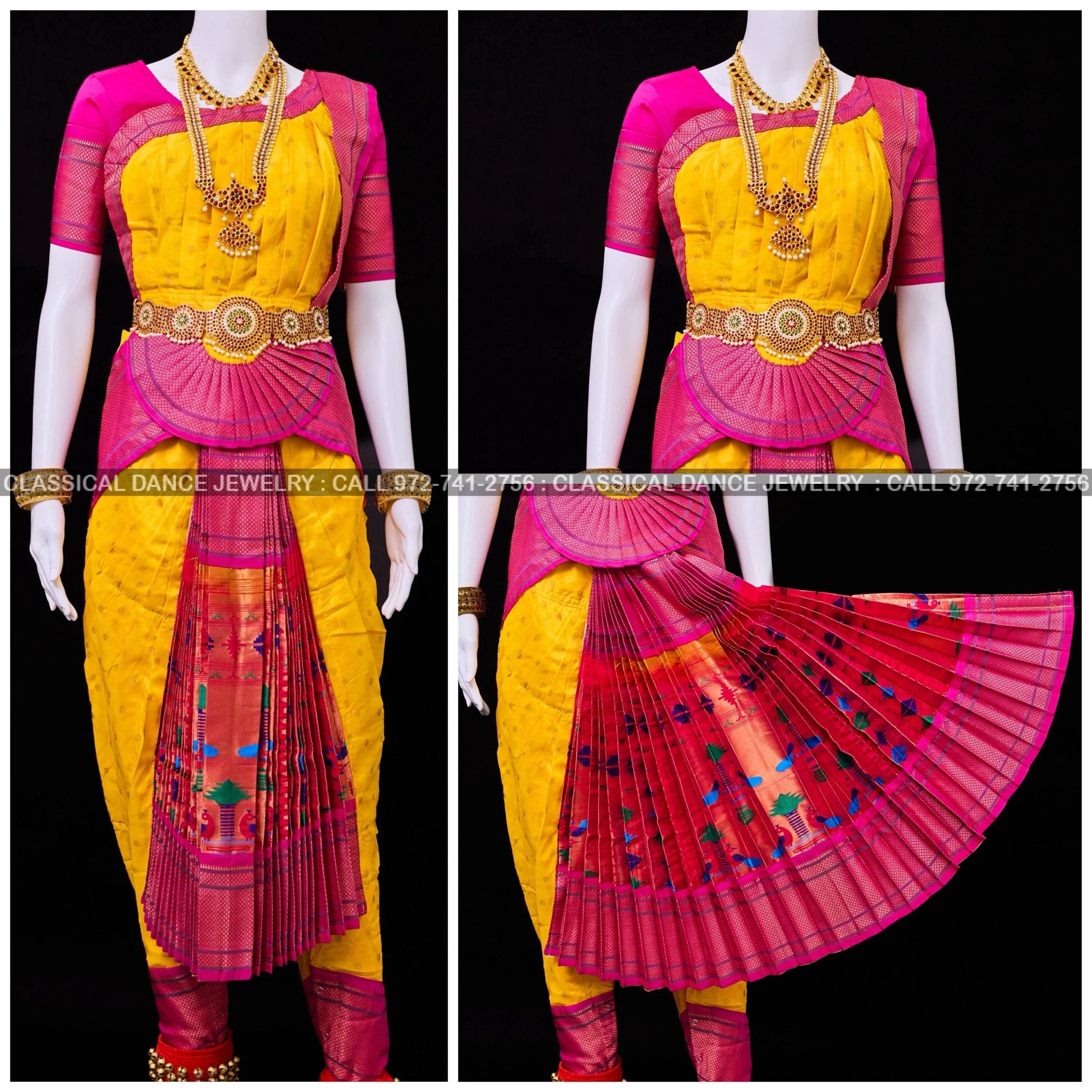 HALDI YELLOW PINK 38 Inch Pant Length Bharatanatyam Dance Costume | Paithani Art silk Dharmavaram Kanchi | Classical Dance Jewelry