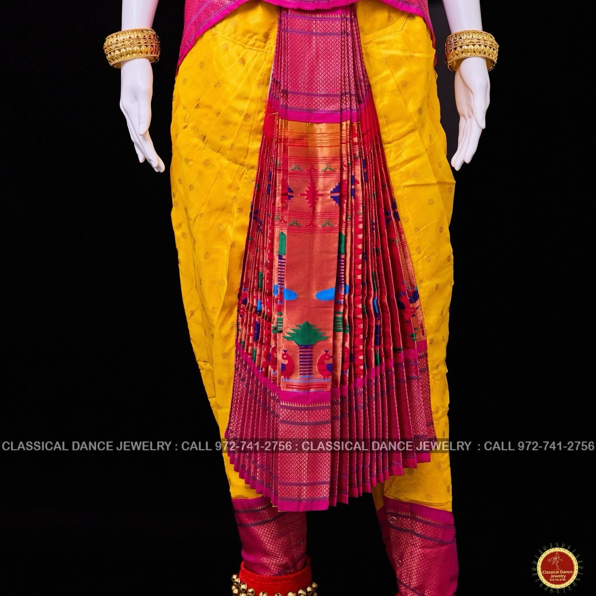 HALDI YELLOW PINK 38 Inch Pant Length Bharatanatyam Dance Costume | Paithani Art silk Dharmavaram Kanchi | Classical Dance Jewelry